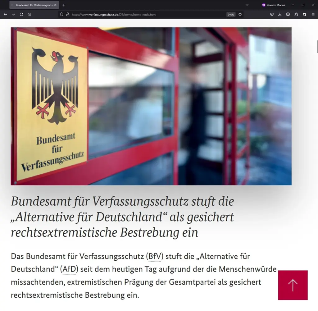 Das Bundesamt für Verfassungsschutz hat die AfD am 2. Mai 2025 als "gesichert rechtsextremistische Bestrebung" eingestuft. Quelle: https://www.verfassungsschutz.de / Screenshot vom 07.05.2025